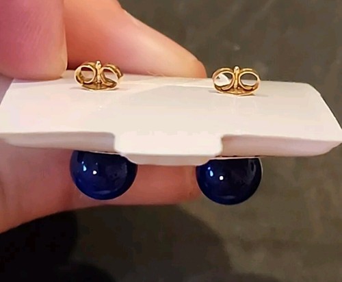 Vintage Carved Blue Lapis Lazuli Round Stone Bead 14K Gold Stud Earrings 8mm - Picture 6 of 6