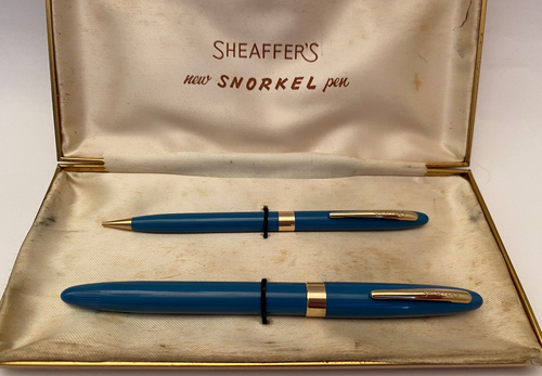 Sheaffer Snorkel aqua blue Admiral pen + pencil set, 1950s, box, papers - Picture 22 of 24