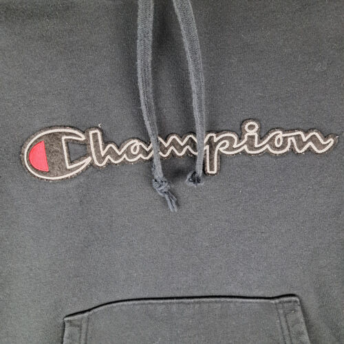 Champion Sweatshirt Mens Small Black Script Logo Hooded Casual Athleisure Hoodie - Picture 2 of 13