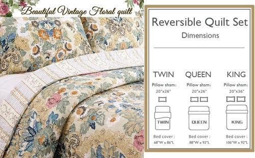 King Quilt Set Floral Boho Farm Country Soft Muted Colors Yellow Blue Multi 3Pc - Picture 18 of 24