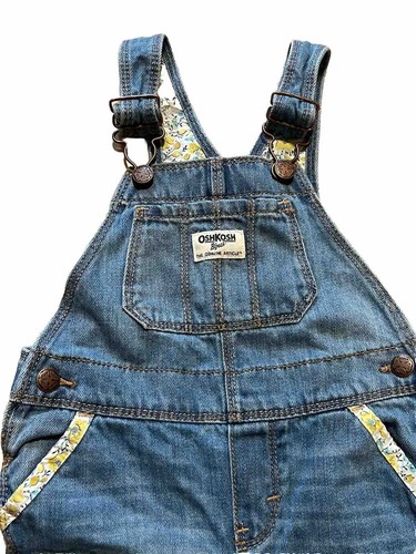 VTG OshKosh Vestbak Girls 18-24 mos Denim Bib Snap Overalls Blue Yellow Flowers - Picture 2 of 17