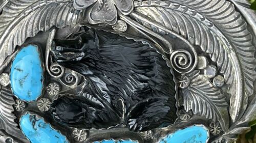Hebilla de cinturón de hoja de flor de plata esterlina DB Navajo turquesa ónix - Imagen 7 de 15