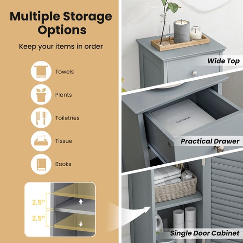 Armario de almacenamiento de piso de baño organizador lateral de madera con puerta de persiana de cajón - Imagen 4 de 14
