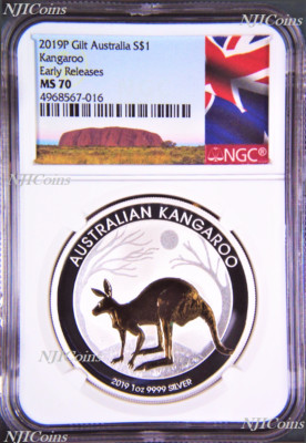 2020 P Australia GILDED Silver Kangaroo NGC MS 70 1oz Coin w//OGP gilt ER-A LABEL
