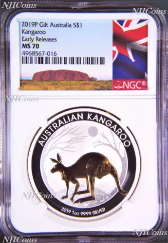 2019 P Australia GILDED Silver Kangaroo NGC MS 70 1oz Coin w/OGP gilt ER-A LABEL