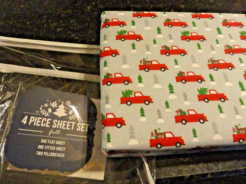 new FUN HOLIDAY 4 pc FULL gray Sheet set Vintage Red Trucks Christmas trees Gift - Picture 3 of 5
