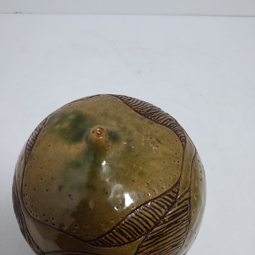 Keramik glasiert Kürbis geätzt rund grün braun 4,5" x 5" - Bild 4 von 7