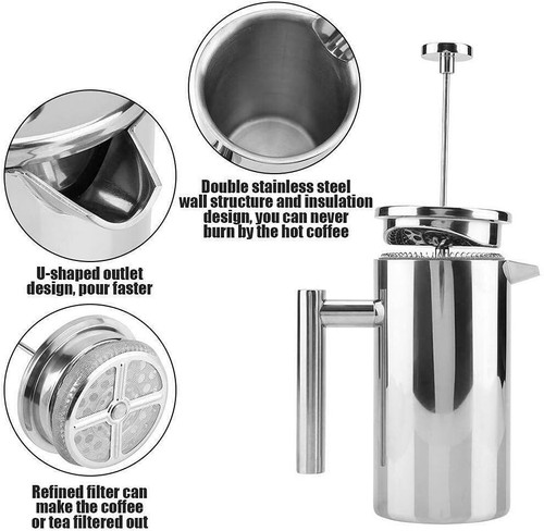 French Press Camping Coffee Maker (350ml/2 Cup), 304 Stainless Steel Coffee Plun - Picture 2 of 8