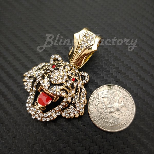 Alternate view of Gold Plated Tiger Head Pendant 13mm Iced Cubic Cuban Chain Necklace