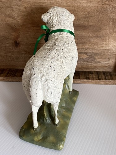 Primitive Style Folk Art Country Resin White Sheep Sculpture Figurine Grass Base - Picture 7 of 19