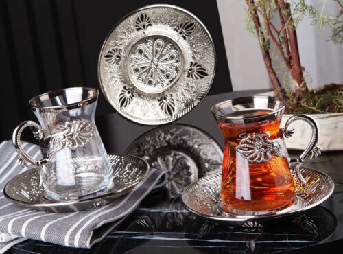 6pc Irem Tea Set Glass Silver Turkish Teacups Saucers Zamzam Cups Glasses Armudu - Picture 13 of 14