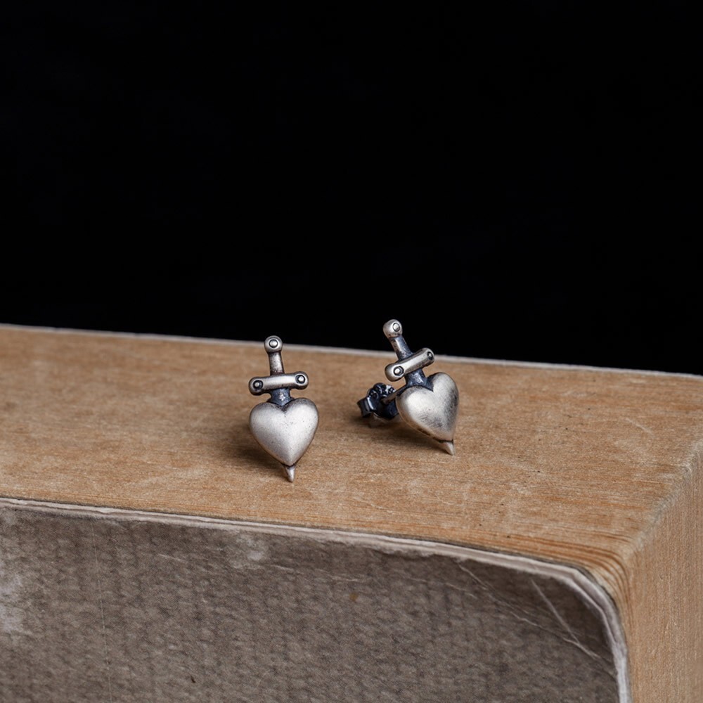 925 Sterling Silver Cross Sword Through Heart Ear Stud