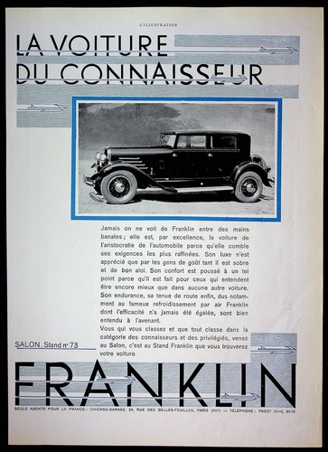 1930 French Franklin Automobile Car Ad Black & White Connoisseur  - Picture 1 of 2