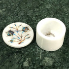 Handmade White Marble Floral Inlay Design and Decorative Ring Storage Box