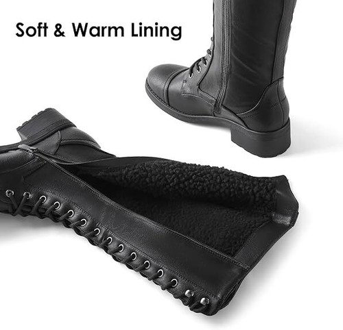Women Winter Knee High Boots Lace Up Low Heel Side Zipper Riding Boots 5-12 Size - Picture 3 of 26