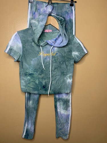 Vizio Women Large 2pcs Set Leggings Crop Top Green Tye Dye Short Sleeve Hooded - Picture 3 of 24