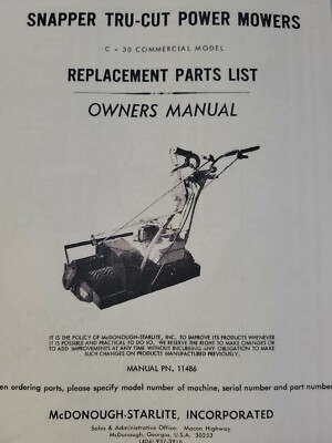 Snapper TRU CUT C 30 Commercial Reel Walk Behind Lawn Mower Owner Parts Manual eBay