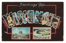 Greetings WISCONSIN Large Letter CAPITOL & BASEBALL Stadium Postcard 1959 1961