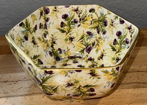Vintage Wade Purple Chintz Thistle 5-sided Vegetable Bowl Gold Trim ~ Excellent! - Picture 8 of 11