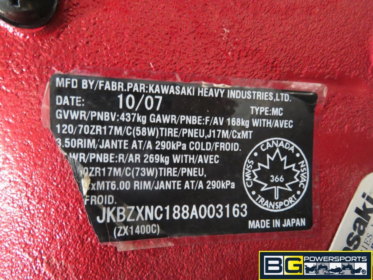 EB548 2008 08 KAWASAKI NINJA ZX1400 C ZX14 FRAME ASSY VIN EB548 2008 08 KAWASAKI NINJA ZX1400 C ZX14 FRAME ASSY VIN