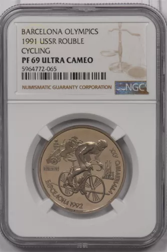Russia USSR 1991 Rouble Ruble NGC PF 69UC Barcelona Olympics Cycling NG1387 comb