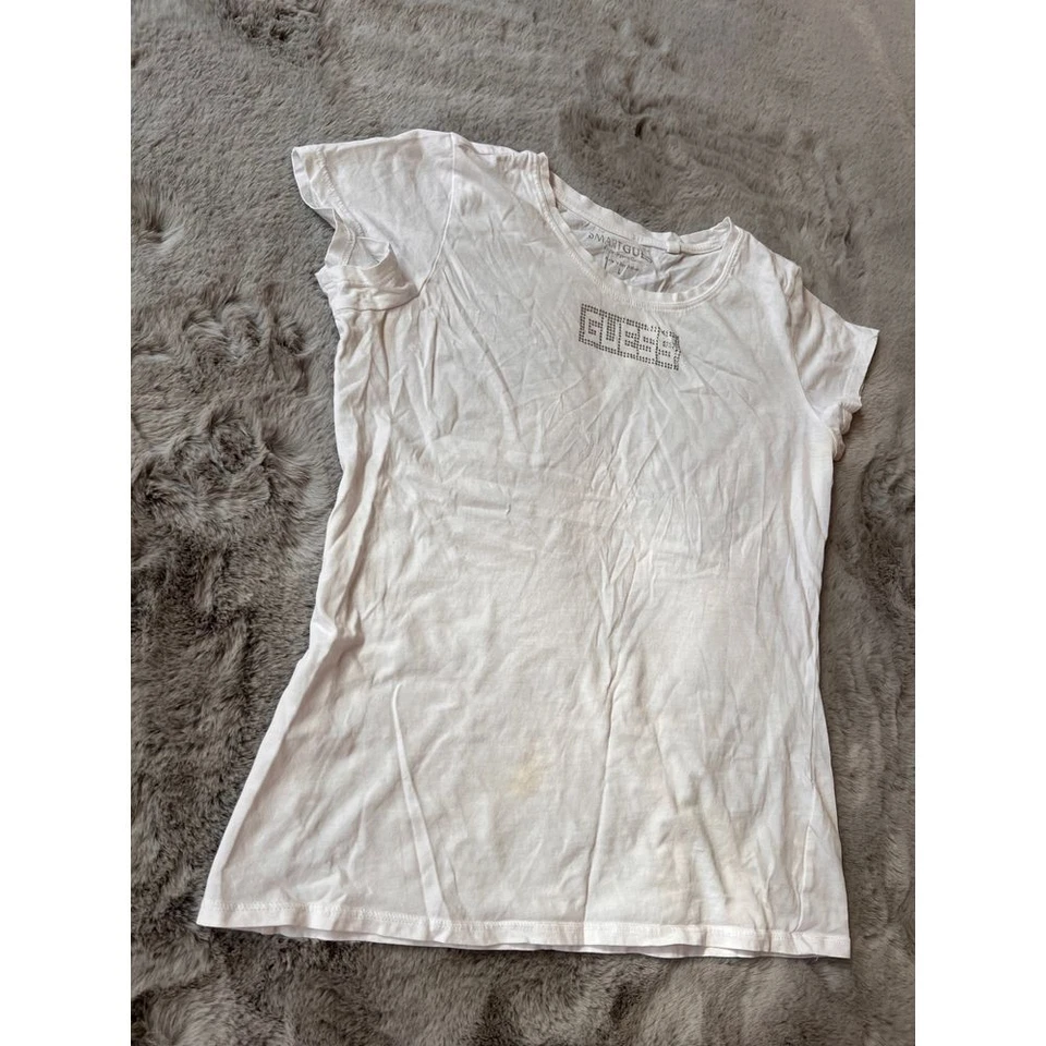 Smart Guess Kids White Cotton T-Shirt with Rhinestone Detail Girls Casual Top - Image 3 of 4