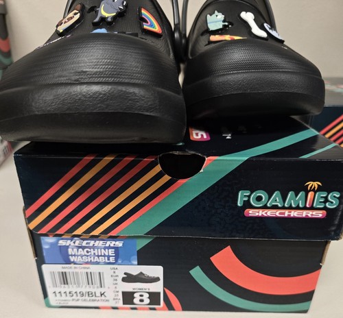 Skechers Foamies Black Clog Pup Dog Pug Bulldog Rainbow Bone Women Size 8 - Picture 3 of 6