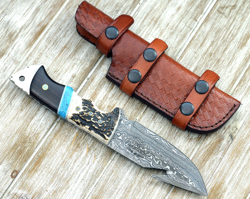 CUCHILLO DE HOJA DE GANCHO DE INTESTINO DE CAZA DE ACERO FORJADO DAMASCO 10" PERSONALIZADO + FUNDA - Imagen 5 de 10