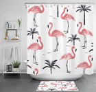 Tropical Black Palm Tree Pink Flamingo Shower Curtain Set for Bathroom Decor