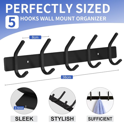 Black Coat Rack Wall Mount Stainless Steel Hooks Heavy Duty 2 Pack Bathroom - Picture 3 of 6