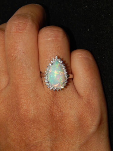 Natural Fire Opal Ring, 925 Silver Ring, Diamond Ring, Wedding Engagement Ring - Picture 3 of 7