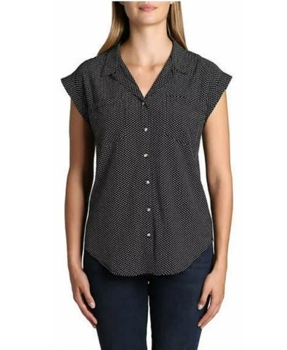 Jachs Girlfriend Women's V-Neck Collar Short Sleeve Button Up Shirt Black Sz XL - Picture 2 of 4