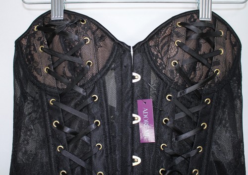 NWT ADORE ME Corset Black Bustier Top LARGE Boned Padded Lace Sheer Underwired - Picture 2 of 6