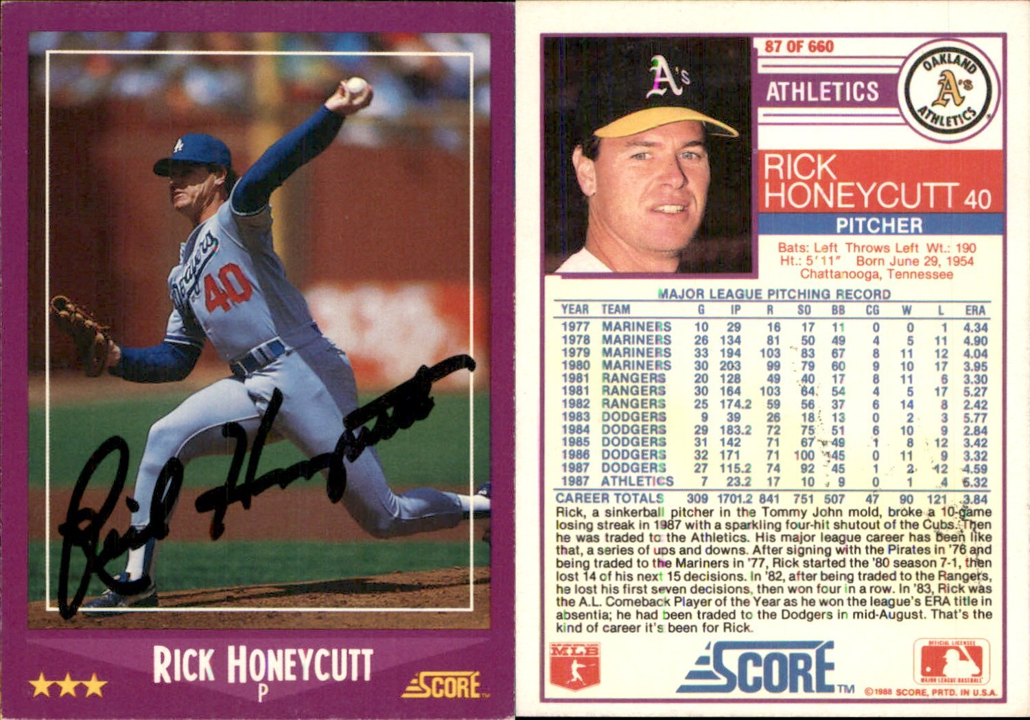Rick Honeycutt Signed 1988 Score #87 Card Oakland Athletics Auto AU