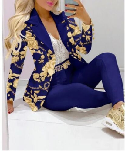 Womens Casual Stripe Print Suit Coat Pants Set S-2XLOffice Lady Fashion Elegant - Picture 18 of 76