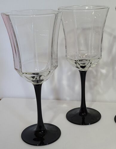 VINTAGE Luminarc Wine Glass 10 oz. BLACK STEM OCTAGON 4-Piece Set FRANCE - Picture 4 of 4