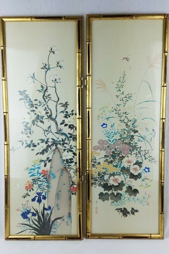 Vintage 70s Japanese Art Print ~ Framed & Signed ~ 10"x30" ~ Flowers in Seasons - Picture 1 of 12