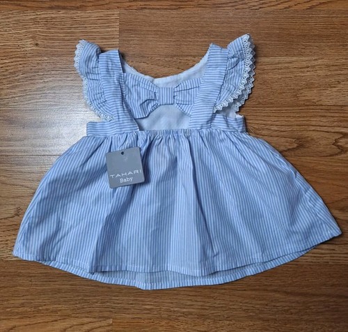 Tahari Baby Powder Blue Stripes Summer Ruffled Flate Dress Size 3-6 months - Picture 13 of 21