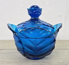 Vtg Viking Cobalt Blue Cabbage Leaf Covered Glass Candy Nut Dish With Lid