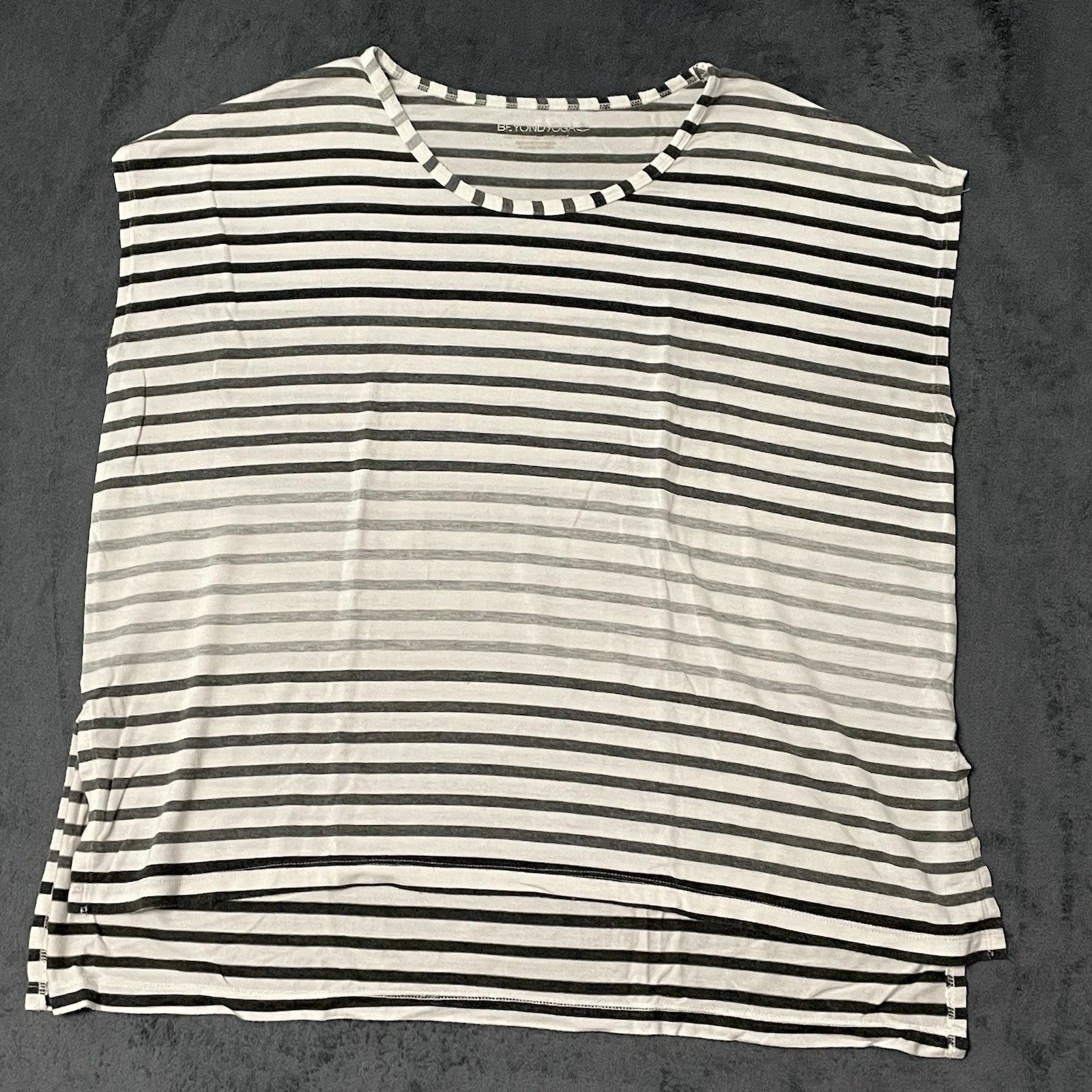 beyond-yoga box cut cap sleeve round neck stripe shirt