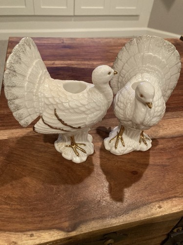 Mikasa Holiday Elegance/Pair Of Porcelain Ivory Gold Trim Turkey Candle Holders - Picture 4 of 6