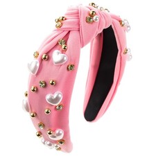 Pink Women's Valentines Day Headband Heart Knotted Pearl Rhinestone Jeweled