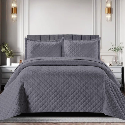3 Piece Quilted Bedspread Bed Throw Embossed Bedding Set Single Double King Size - Picture 2 of 37