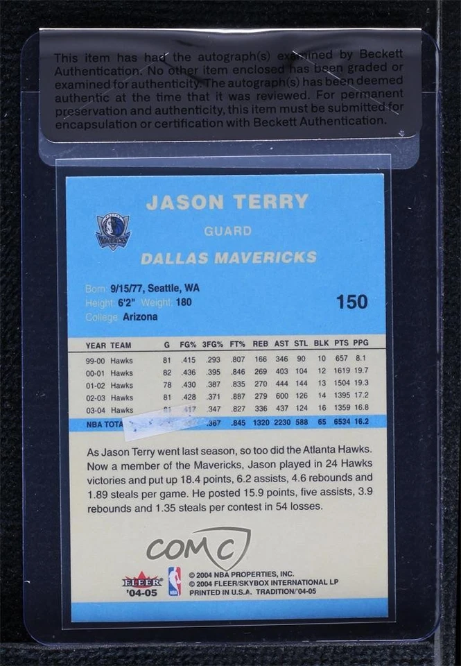 BAS 2004-05 Fleer Tradition Blue Jason Terry #150 Seal of Authenticity Auto - Image 2 of 2