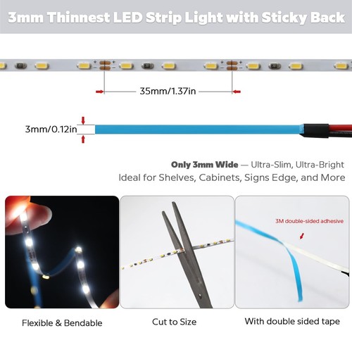 Super Narrow 0.12in Width 3mm of Flexible LED Strip Lights - DC12V Indoor Use... - Picture 3 of 7
