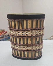 Vtg MCM Waste Can Woven Wood Maria Kipp style J L Clark Orange Browns Cream USA