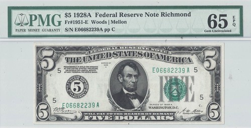 1928-A Banconota da 5 dollari della Federal Reserve Fr-1951-E PMG Gemma CU-65 EPQ - Foto 2 di 3