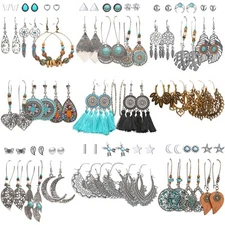 45 Pairs Vintage Silver Drop Dangle Earrings Set for Women Bohemian Bronze Wa...