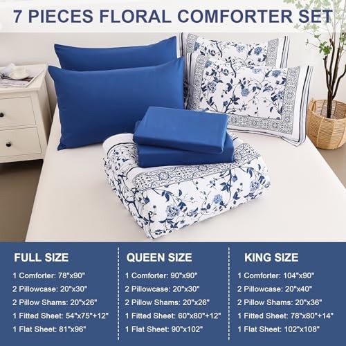 Floral Size Bettdecken Set Blumen auf Weiß Botanisch Bettwäsche Set 7 King Blau - Bild 7 von 7