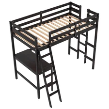 Twin Size Loft Bed w/ Desk & Shelf 2 Ladders & Guard Rail for Kids Teens Bedroom